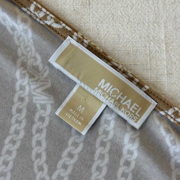 Michael Kors Women Medium Tan Chain Link MK Logo Faux Wrap V-Neck Blouse Top - Picture 5 of 6